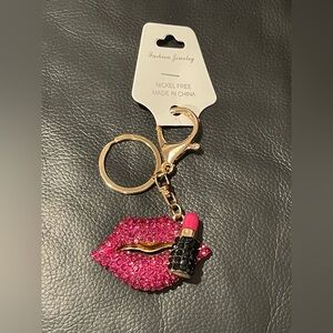 Fashion Jewelry Pink Rhinestone Lipstick Keychain with Gold Hardware